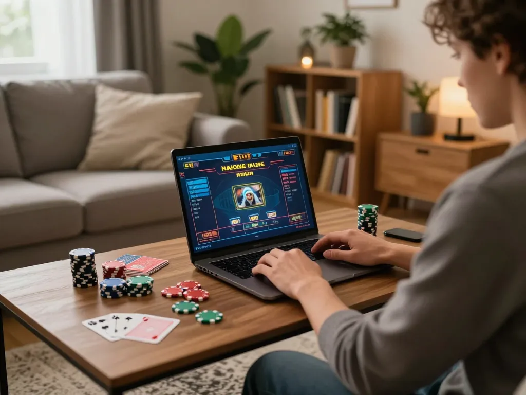 Person playing f168 on a laptop in a cozy home environment with gaming accessories visible.