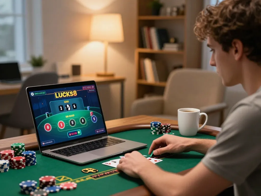 Engaging in live dealer blackjack at lucks8 in a cozy home gaming setup.