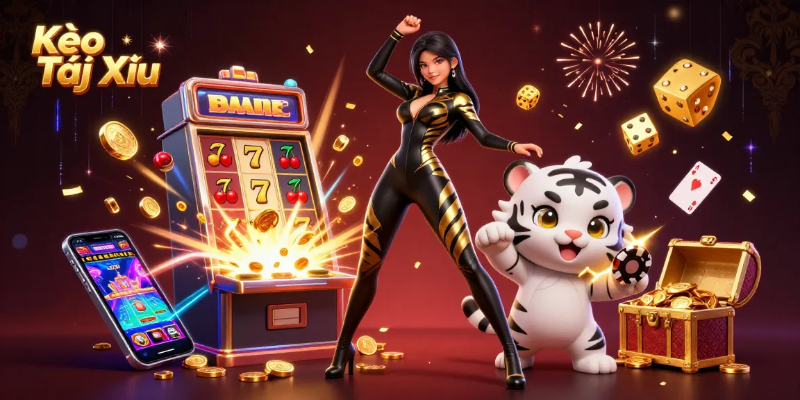 Kèo Tài Xỉu game scene with a woman in a catsuit and a tiger playing with a poker chip.