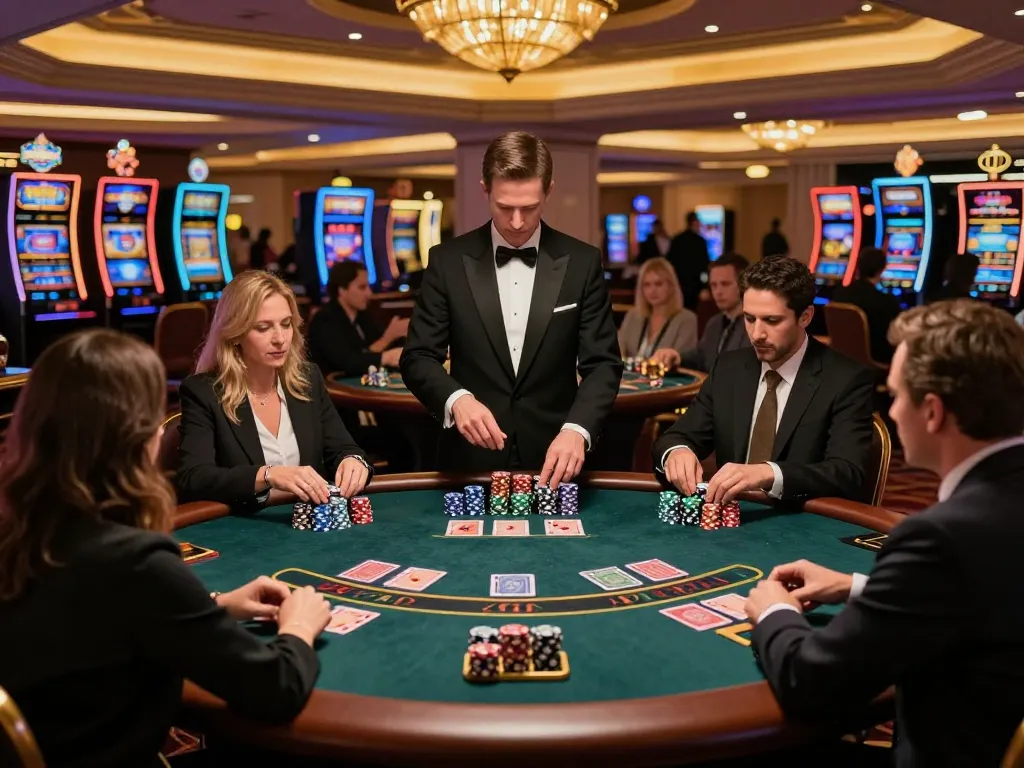 Watch players at the blackjack table in a lively casino atmosphere as they engage with ALO8 gaming strategies.