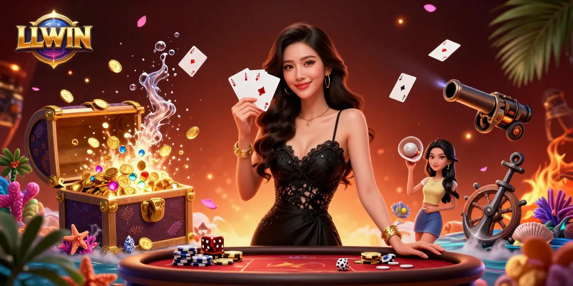 Experience thrilling gameplay at LLWIN with an elegant Asian lady showcasing poker skills in a vibrant casino.