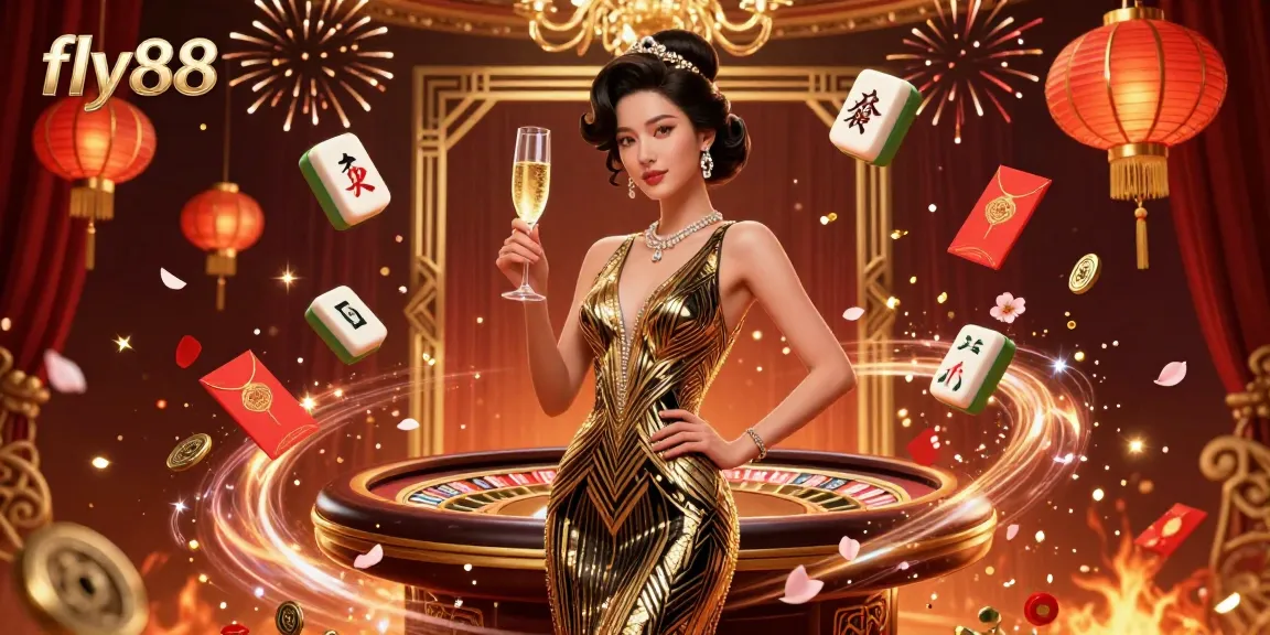 Experience thrilling wins with fly88 in a glamorous casino scene featuring 3D mahjong tiles and roulette elements.