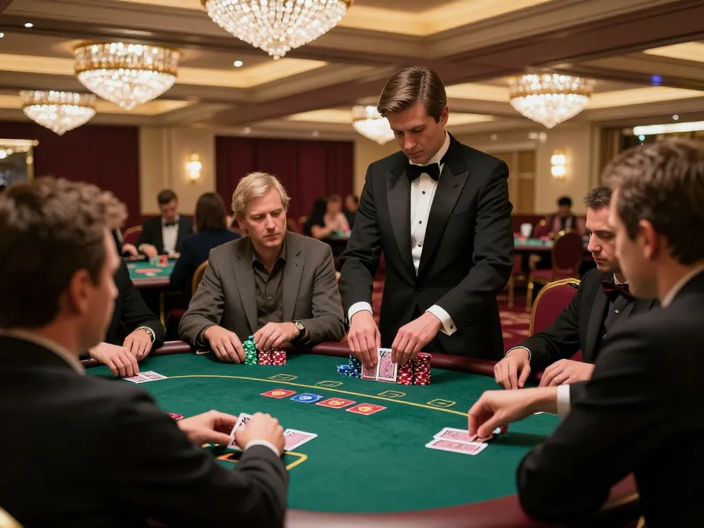 Players enjoying a thrilling poker game at ALO8 casino, with stacked chips and dealers in action.
