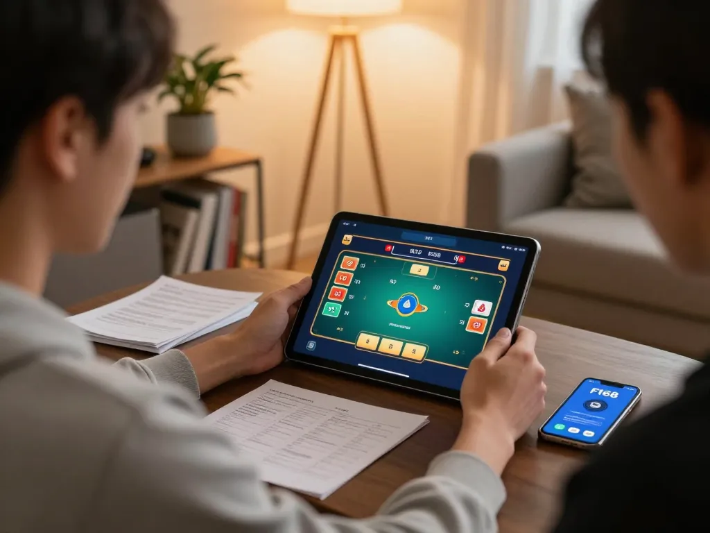 Engaging in online casino gaming with LINK VÀO F168 displayed on tablet interface, showcasing a strategic home setup