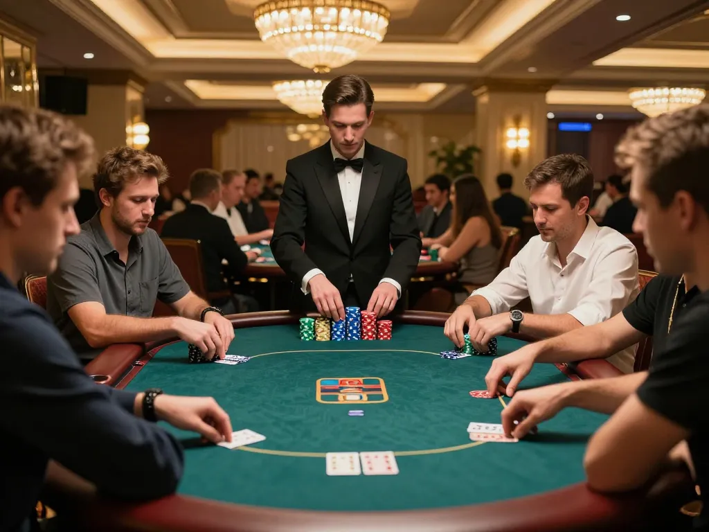 GO8 players strategizing during intense poker game in a vibrant casino atmosphere.
