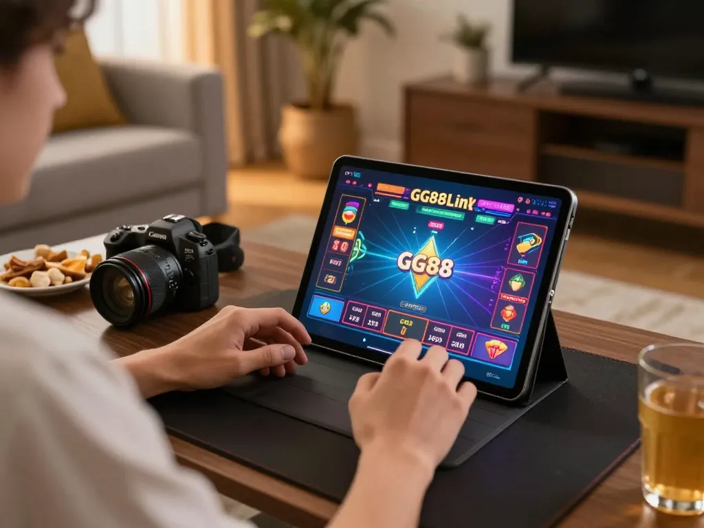 Playing at home with GG88 Link on a tablet, vibrant casino graphics visible, relaxed atmosphere