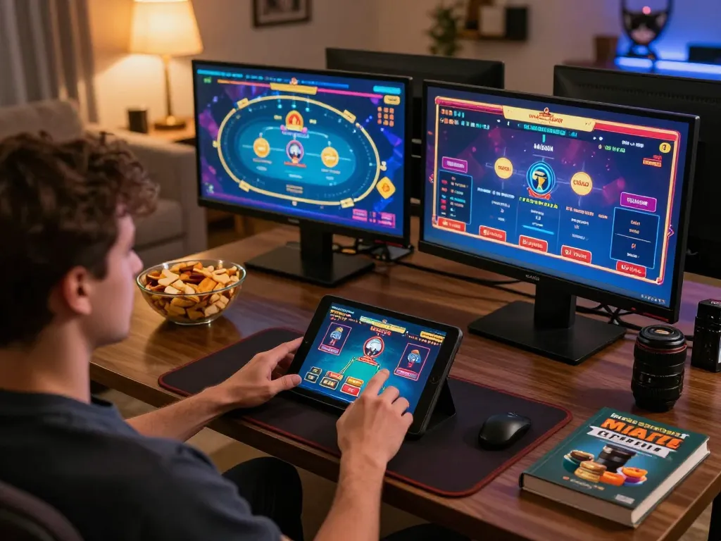 Engaged player using tablet for nohu casino gaming at home, showcasing poker interface and snacks.