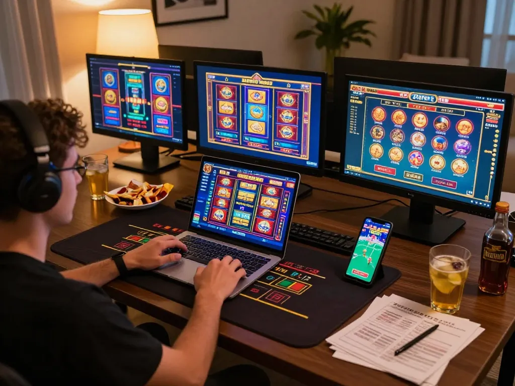 Engaging online gaming moment at LLwin center with multiple screens showcasing exciting casino games.