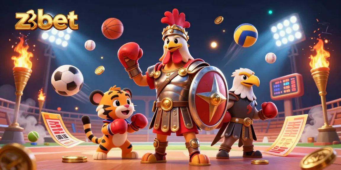 Zbet showcases a lively 3D illustration featuring a gladiator rooster amidst sports balls and dynamic casino elements.