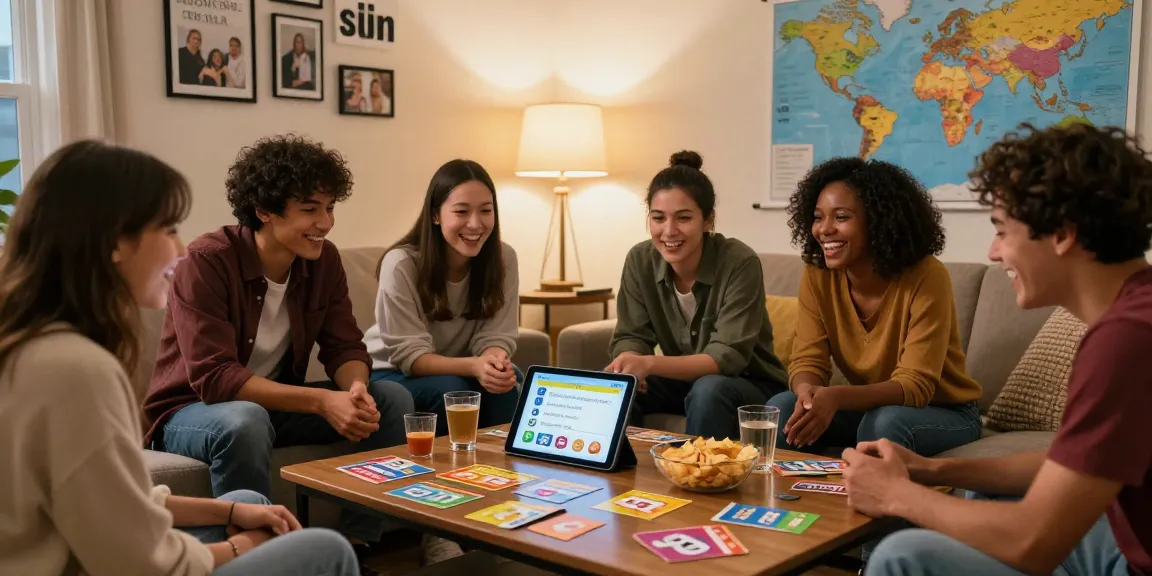Engaging quiz Allgemeinwissen scene with friends answering trivia questions in a cozy living room.