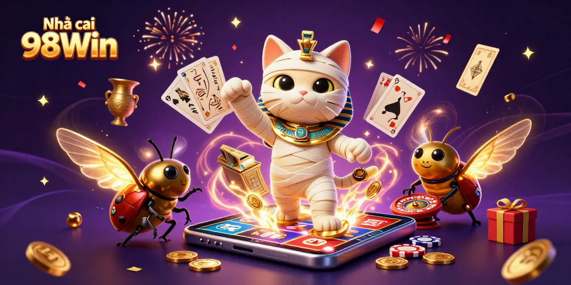 Experience exciting gaming at Nhà cái 98Win with the mummy cat and glowing scarab beetle.