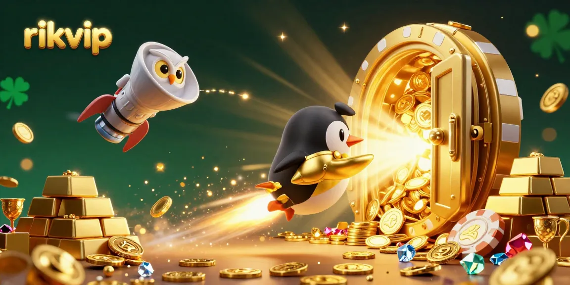 Experience the thrill of rikvip with a golden penguin racing to a poker chip casino amidst dazzling treasures.