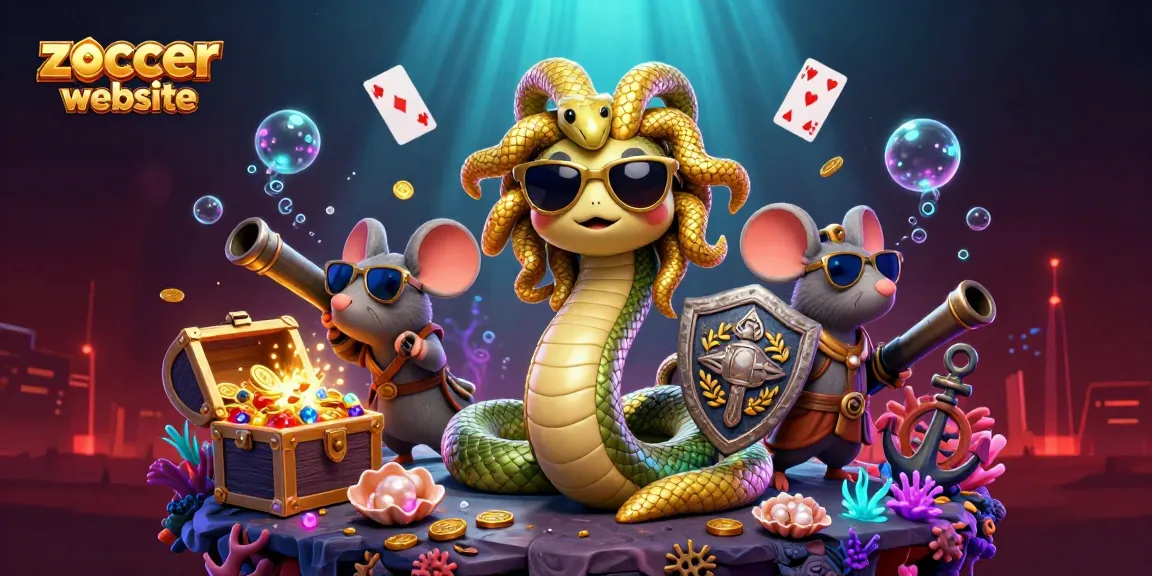 Actionreiche Darstellung auf der Zoccer-Casino-Website mit Medusa, schützender Maus und Glücksspiel-Elementen.