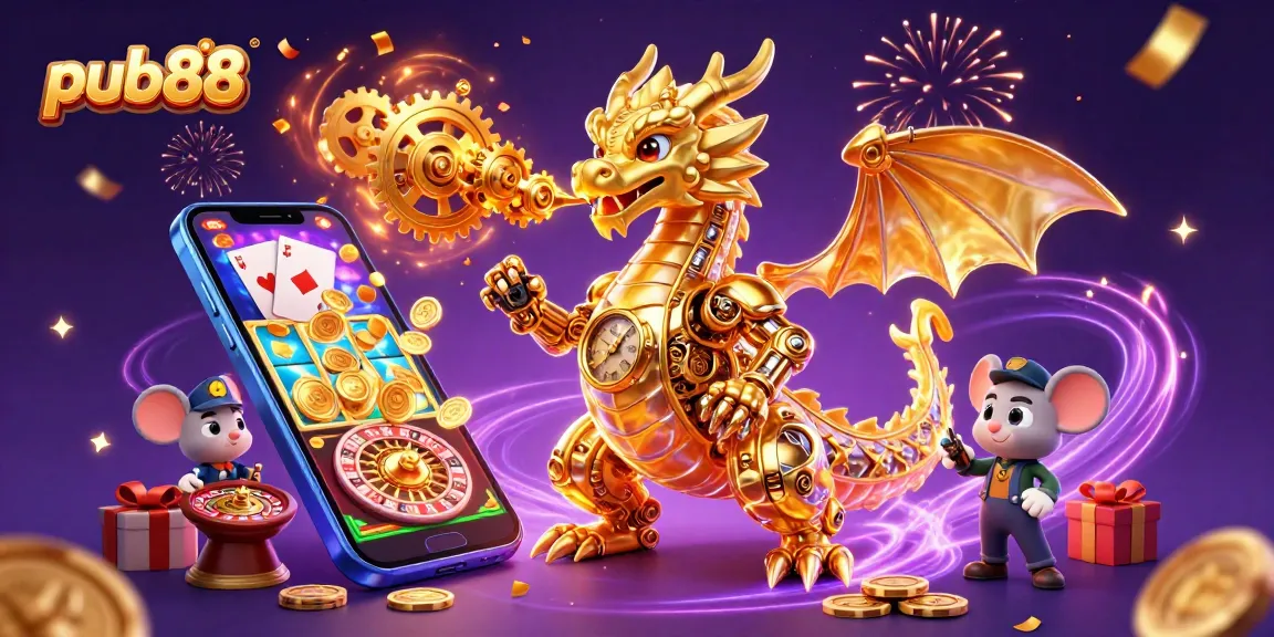 Experience thrills at pub88 with a golden dragon unleashing gears amidst festive gaming elements.