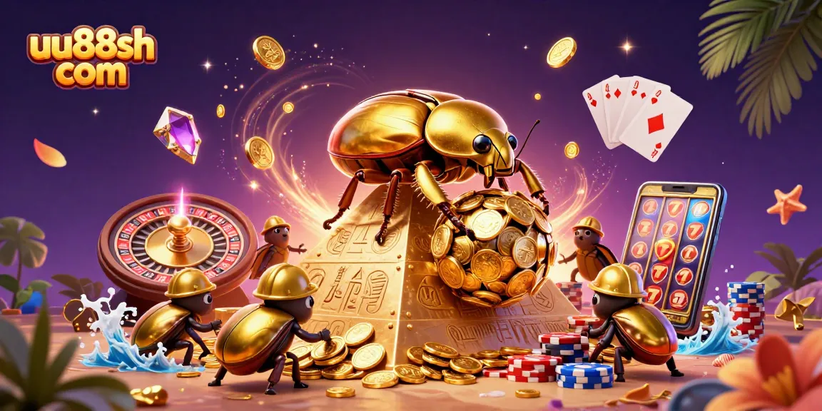 Experience thrilling gameplay at uu88sh com with a vibrant 3D carnival scene of golden treasures and casino elements.