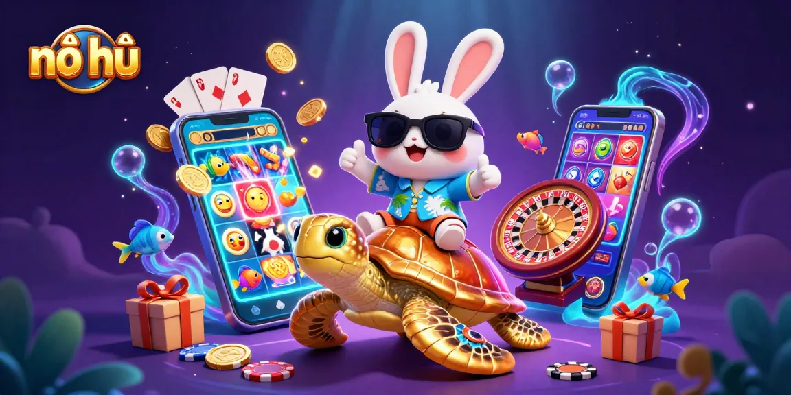 Win big with nổ hũ gameplay on vibrant 3D illustration of lucky rabbit and turtle.